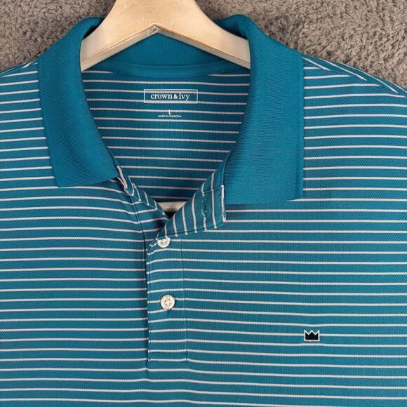 Crown & Ivy Shirt Mens Large Blue Pink Striped Long Sleeve Golf Polo Preppy Camp - Picture 2 of 12